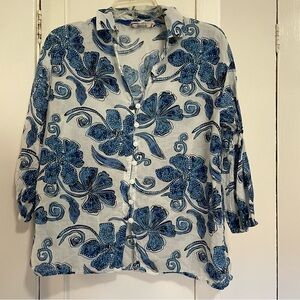 Johnny Was Blue and White Floral Button Down Shirt